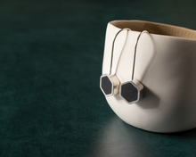 Load image into Gallery viewer, Navy Blue Resin & Silver Hexagon Earrings