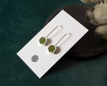 Load image into Gallery viewer, Green Resin Silver Hexagon Earrings