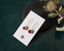 Load image into Gallery viewer, Red Resin Silver Hexagon Earrings