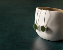 Load image into Gallery viewer, Dark Green Resin & Silver Hexagon Earrings