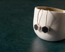 Load image into Gallery viewer, Black Resin Silver Hexagon Earrings