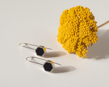 Load image into Gallery viewer, Black Resin Silver Hexagon Earrings