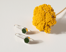 Load image into Gallery viewer, Dark Green Resin & Silver Hexagon Earrings