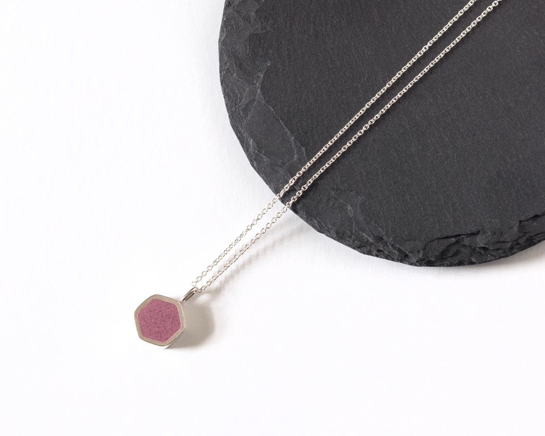 Charming Pink Resin Sterling Silver Hexagon Necklace