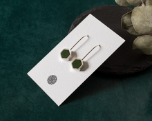 Load image into Gallery viewer, Dark Green Resin & Silver Hexagon Earrings