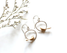 Load image into Gallery viewer, Silver &amp; yellow Bronze Bird Earrings • Delicate Sparrow Dangle Design

