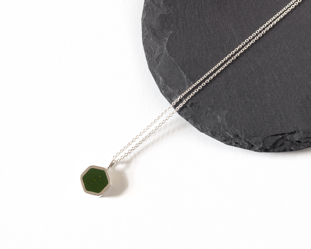Sophisticated Dark Green Resin Sterling Silver Hexagon Necklace