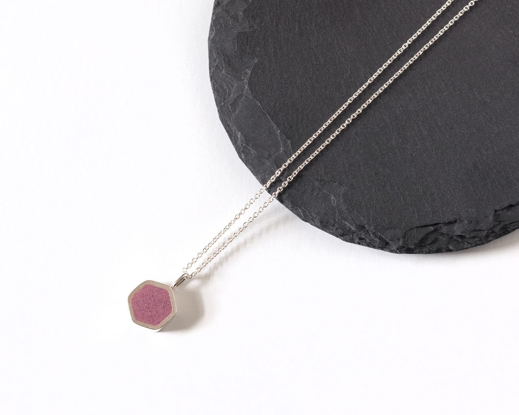 Pink Resin Silver Hexagon Necklace