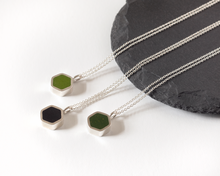 Load image into Gallery viewer, Sophisticated Dark Green Resin Sterling Silver Hexagon Necklace

