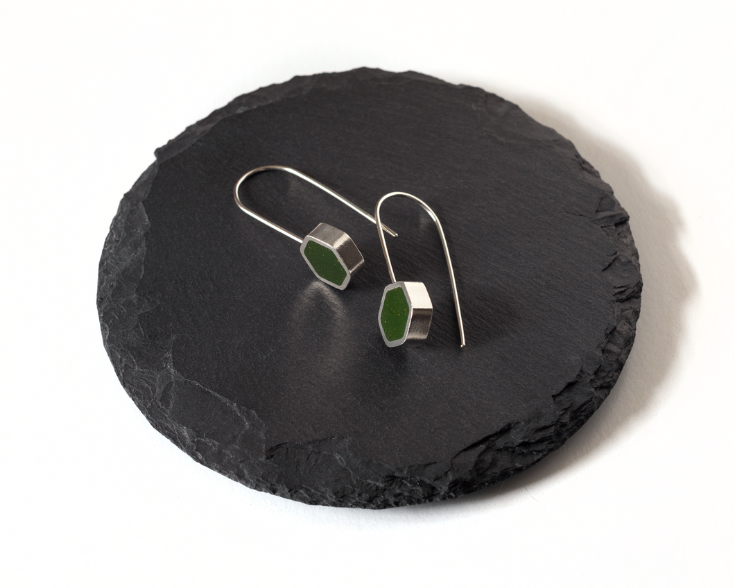 Sophisticated Dark Green Resin Sterling Silver Hexagon Drop Earrings