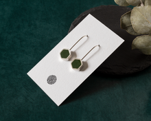 Load image into Gallery viewer, Dark Green Resin &amp; Silver Hexagon Earrings
