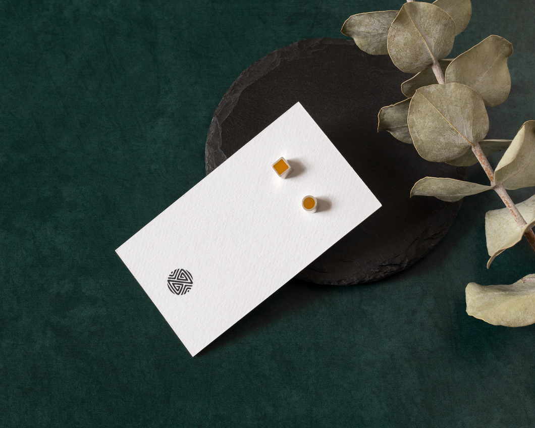 Asymmetrical Amber Resin Silver Stud Earrings