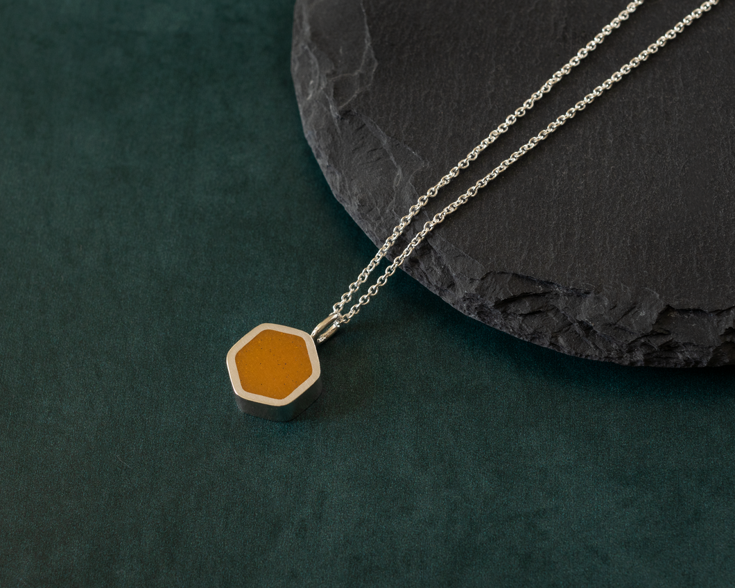 Contemporary Yellow Resin Sterling Silver Hexagon Necklace