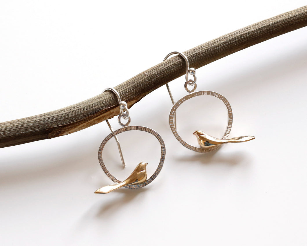 Silver & yellow Bronze Bird Earrings • Delicate Sparrow Dangle Design