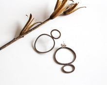 Load image into Gallery viewer, Mismatched oxidized silver stud earrings | Dainty asymmetrical post earrings | Minimal delicate hoop earrings
