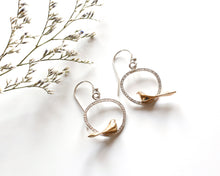 Load image into Gallery viewer, Silver &amp; yellow Bronze Bird Earrings • Delicate Sparrow Dangle Design
