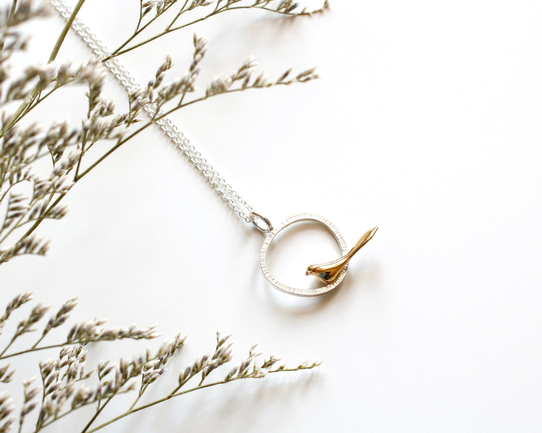 Dainty Sparrow Necklace • Silver & Yellow Bronze Bird Pendant