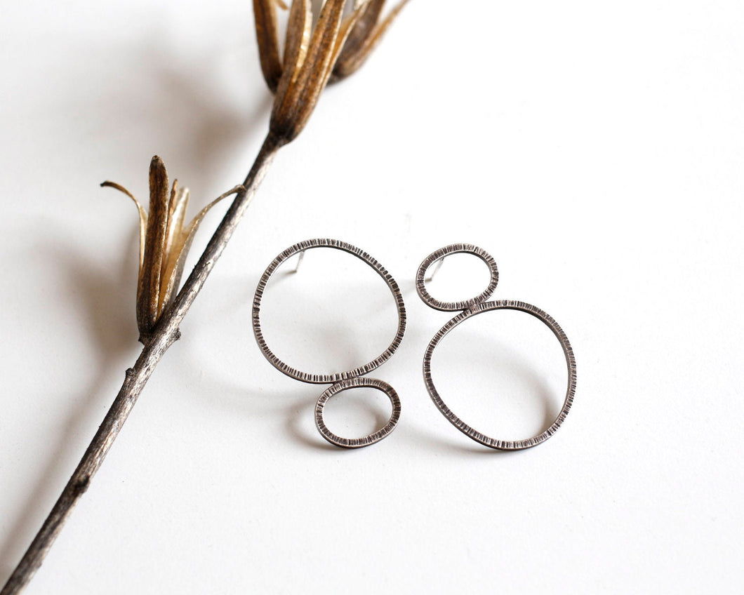 Mismatched oxidized silver stud earrings | Dainty asymmetrical post earrings | Minimal delicate hoop earrings
